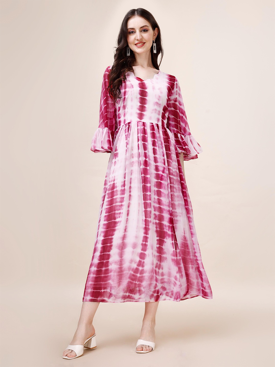

Trillmixa Tie and Dye V-Neck Bell Sleeve Georgette Fit & Flare Midi Dress, Pink