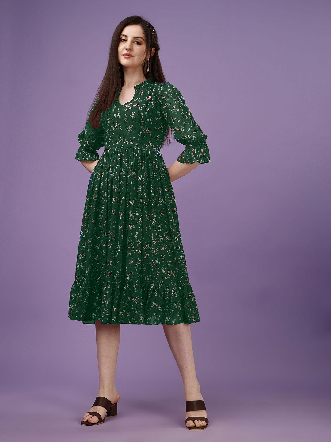 

Trillmixa Floral Printed Georgette Fit & Flare Midi Dress, Green