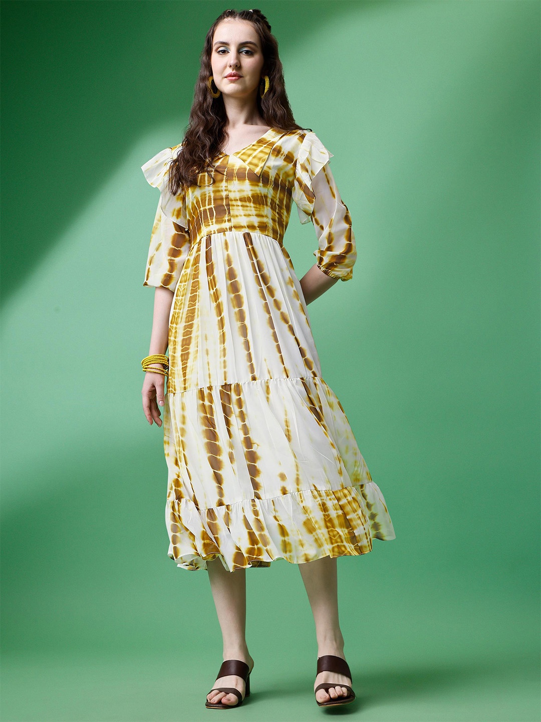 

Trillmixa Tie and Dye Print Cuffed Sleeves Ruffles Tiered Georgette A-Line Midi Dress, Yellow