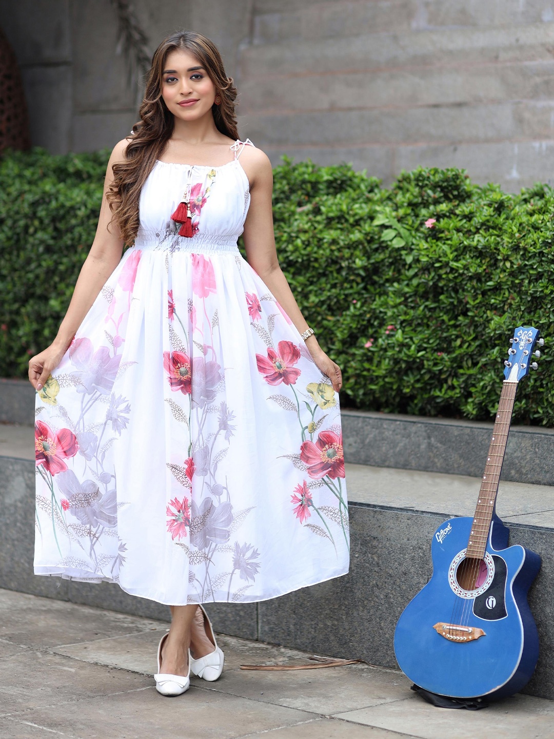 

Trillmixa Floral Print Shoulder Straps Gathered Georgette Fit & Flare Midi Dress, White
