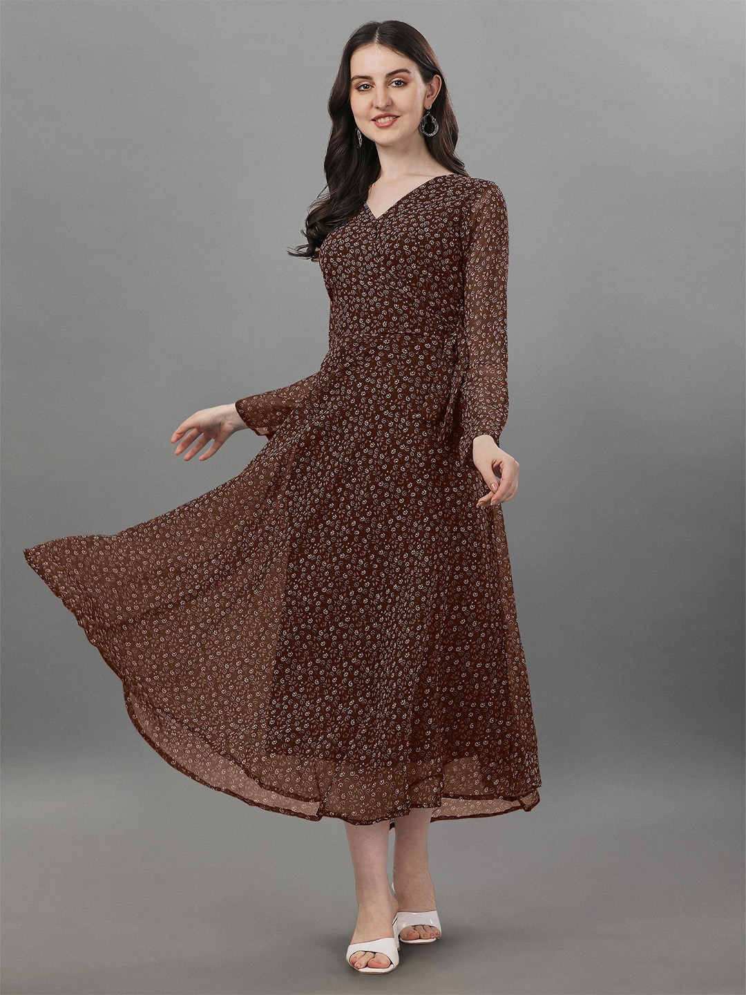 

Trillmixa Floral Printed Georgette Fit & Flare Midi Dress, Brown