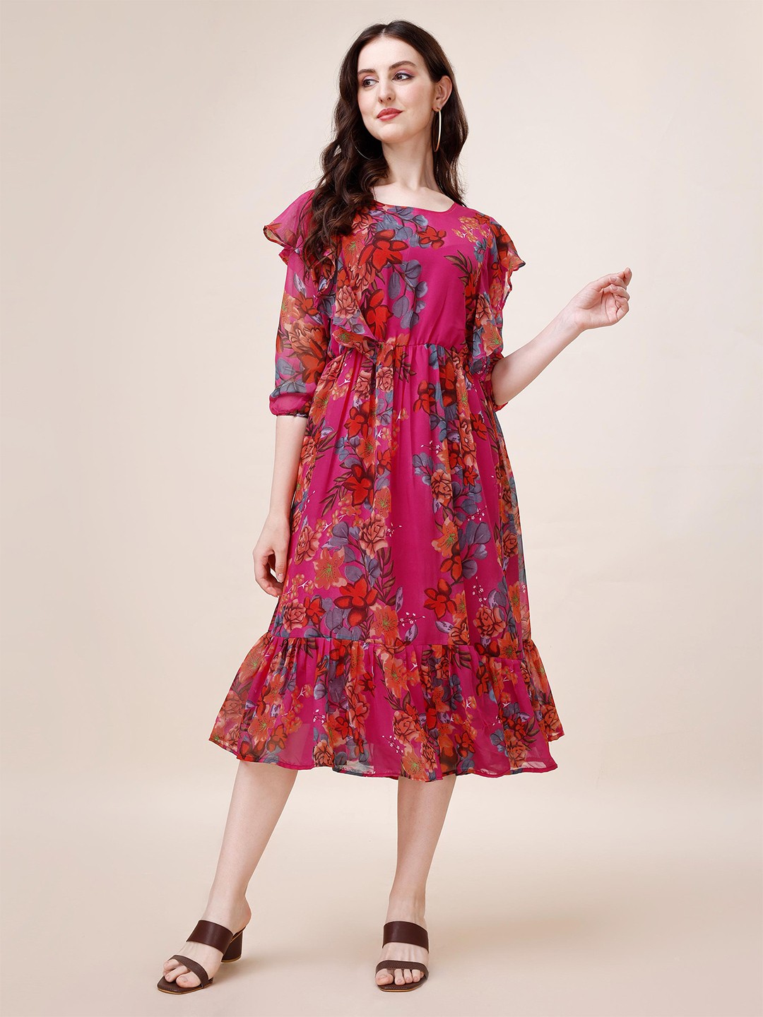 

Trillmixa Floral Printed Georgette Fit & Flare Midi Dress, Pink