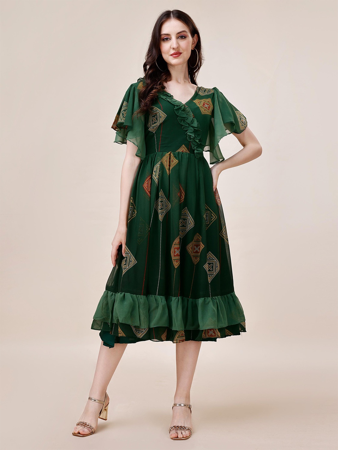 

Trillmixa Ethnic Motifs Printed Flutter Sleeves Georgette Fit & Flare Dress, Green