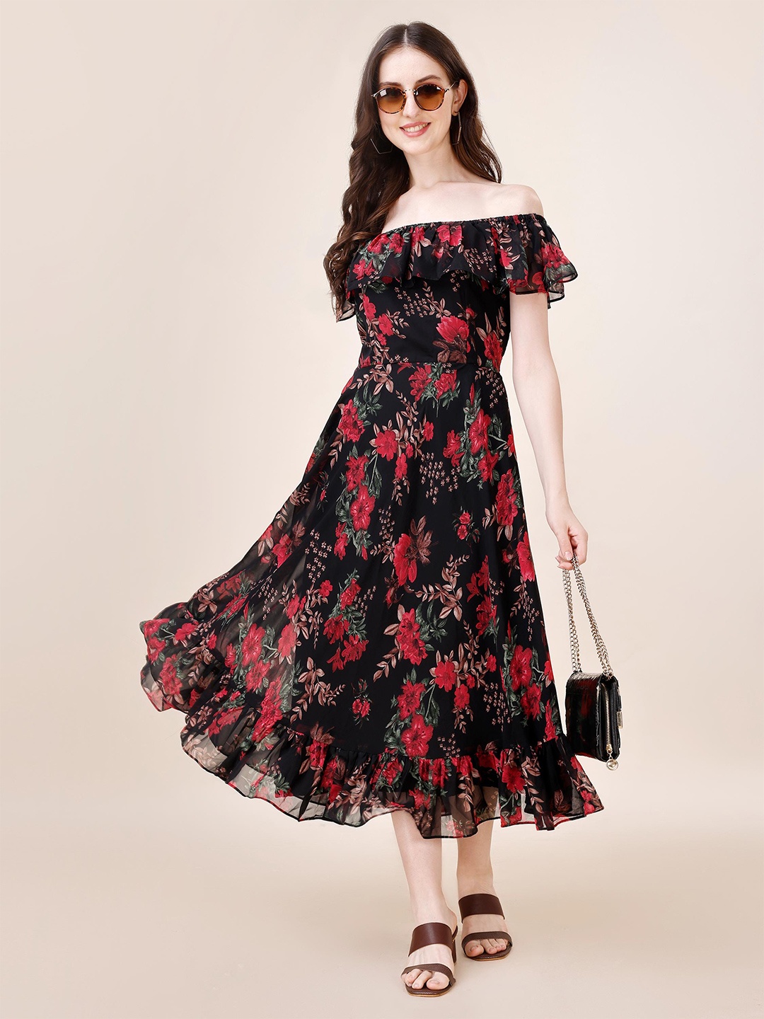 

Trillmixa Floral Printed Off Shoulder Georgette Fit & Flare Midi Dress, Black