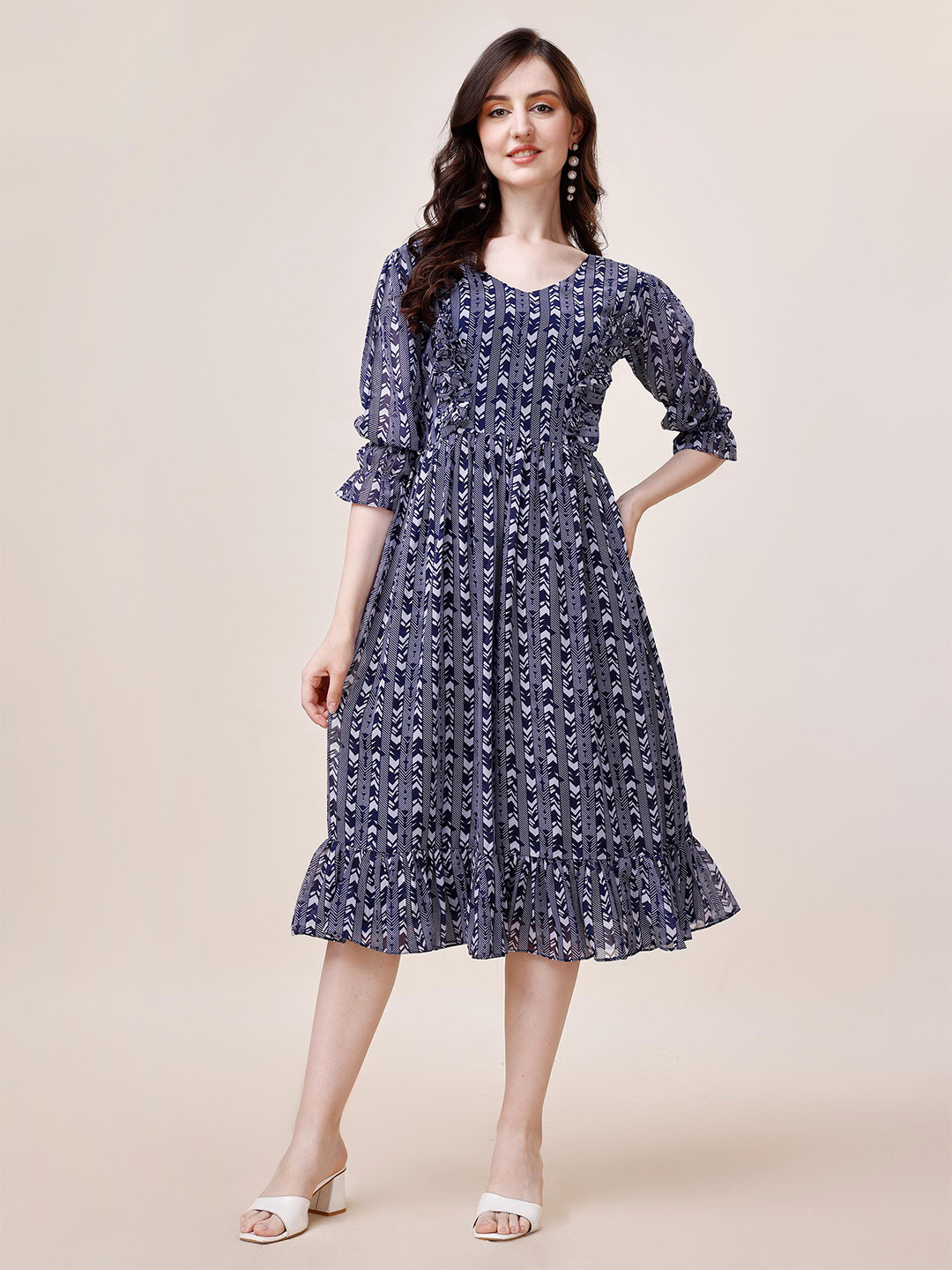 

Trillmixa Geometric Printed V-Neck Puff Sleeves Georgette Fit & Flare Midi Dress, Blue