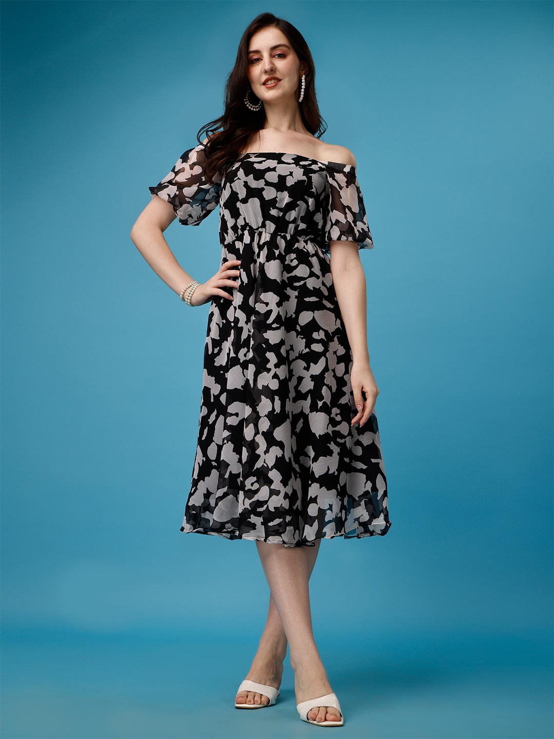 

Trillmixa Abstract Printed Off-Shoulder Georgette Fit & Flare Dress, Black