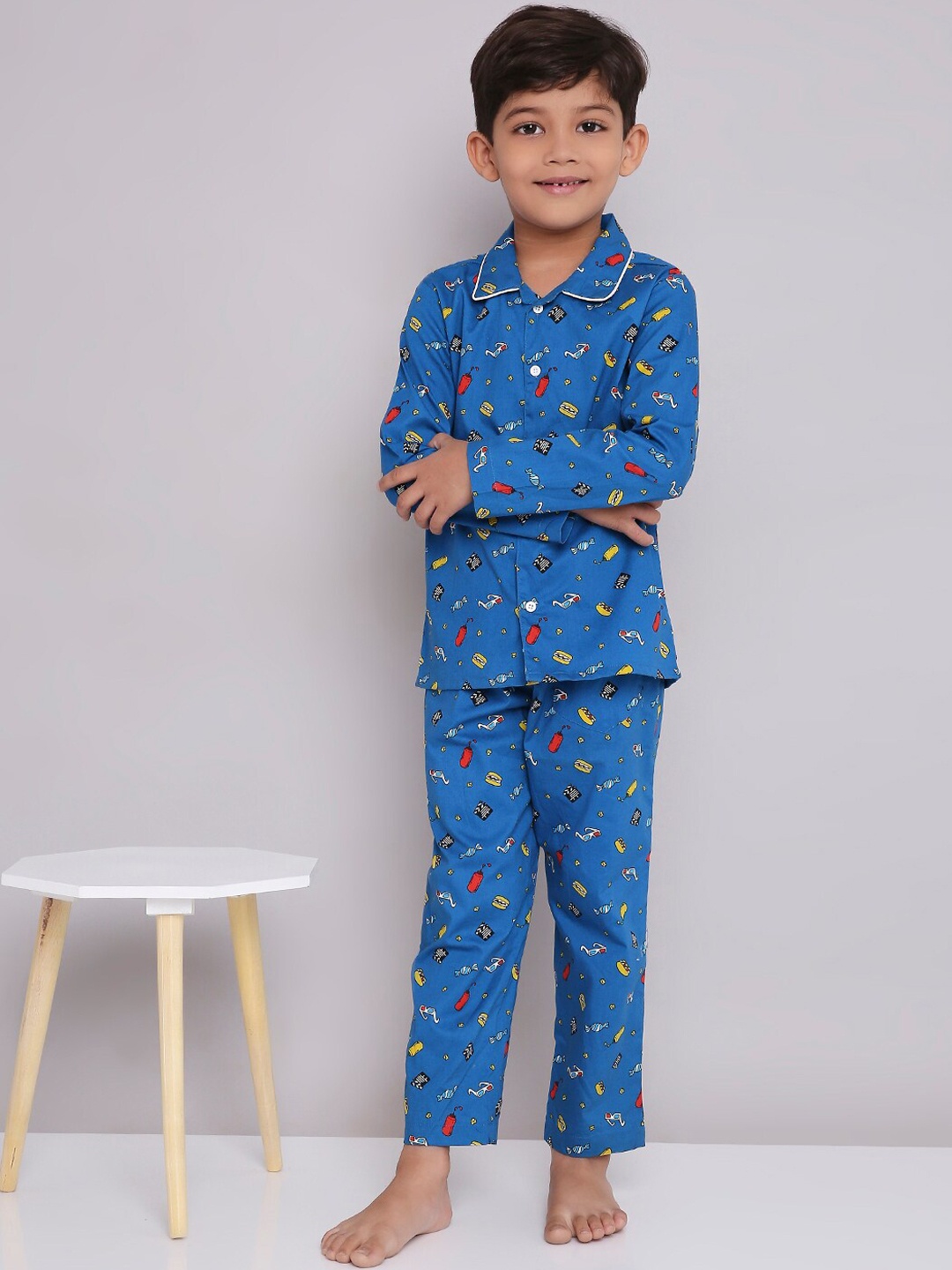 

KID1 Boys Graphic Printed Pure Cotton Night Suit, Blue