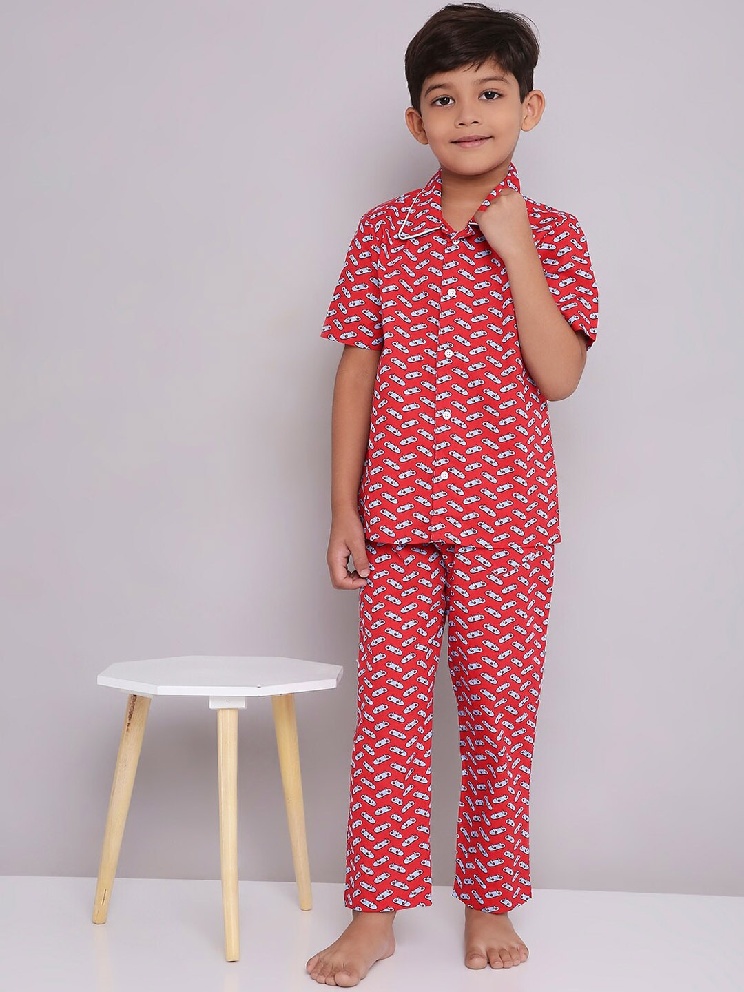 

KID1 Boys Printed Pure Cotton Night suit, Red