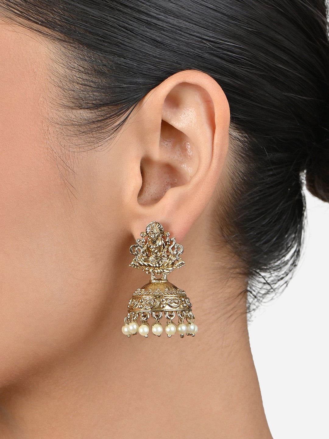 

Fida Gold-Plated Stone Studded Beaded Dome Shaped Temple Jhumkas