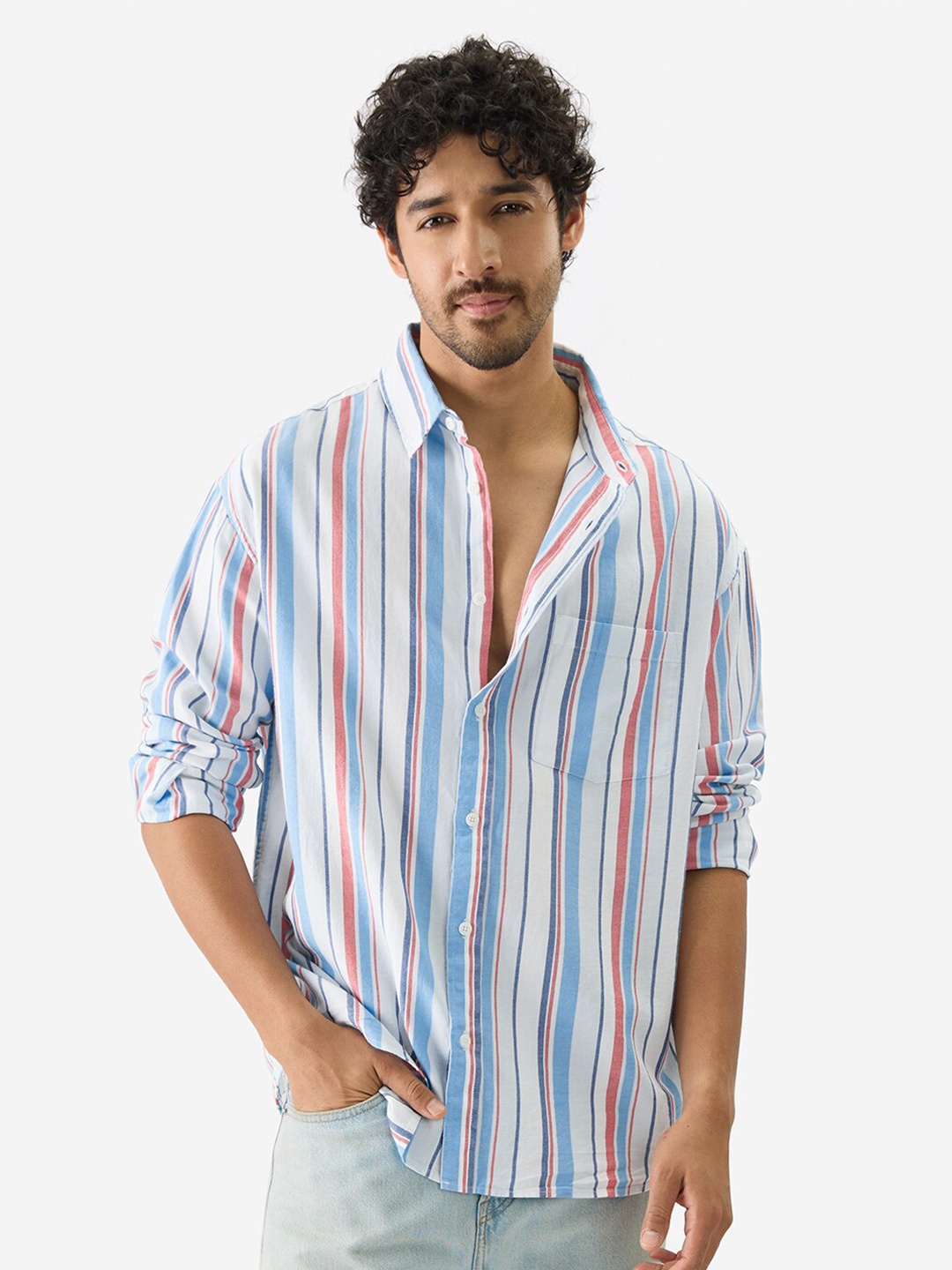 

The Souled Store Spread Collar Long Sleeves Relaxed Striped Regular Fit Cotton Shirt, White