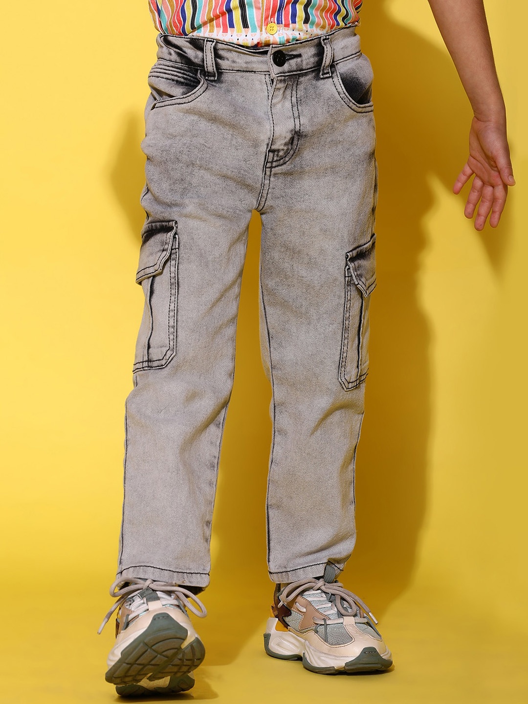 

TALES & STORIES Boys Balloon Straight Fit Denim Cargos Jeans, Grey