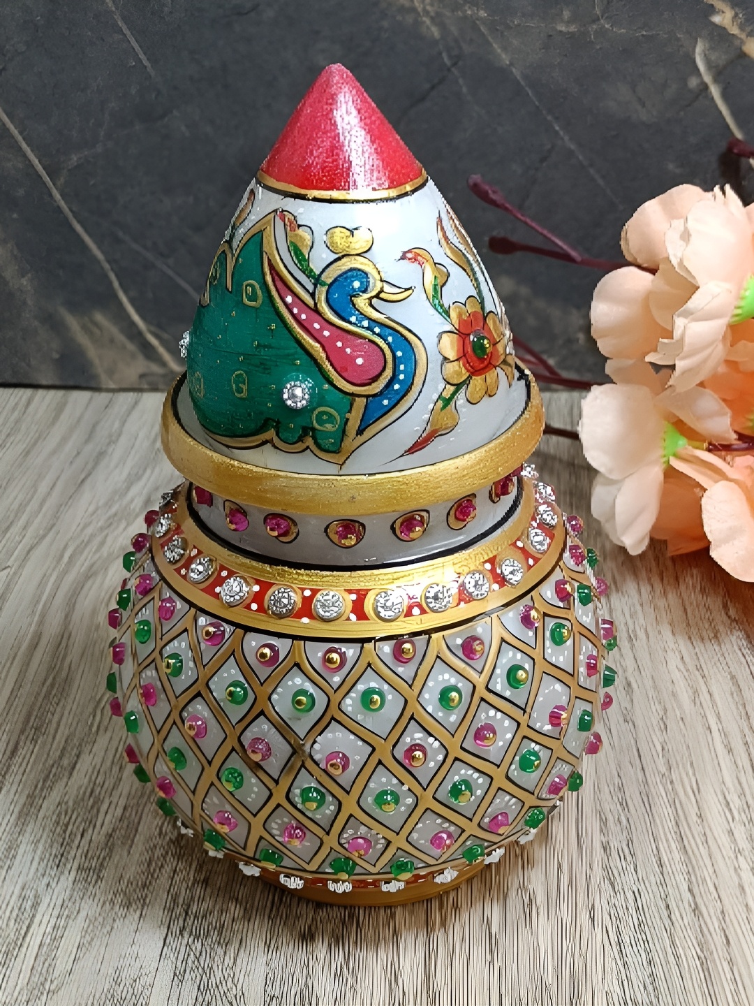 

INDIA MEETS INDIA White & Red Textured Marble Kalash & Coconut