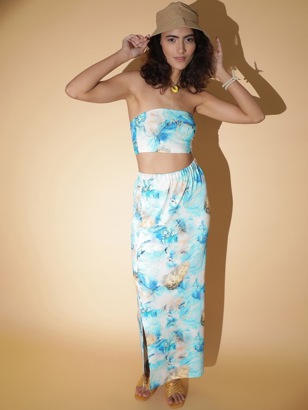 

Stylecast X Kotty Printed Strapless Top With Straight Maxi Skirt, Blue