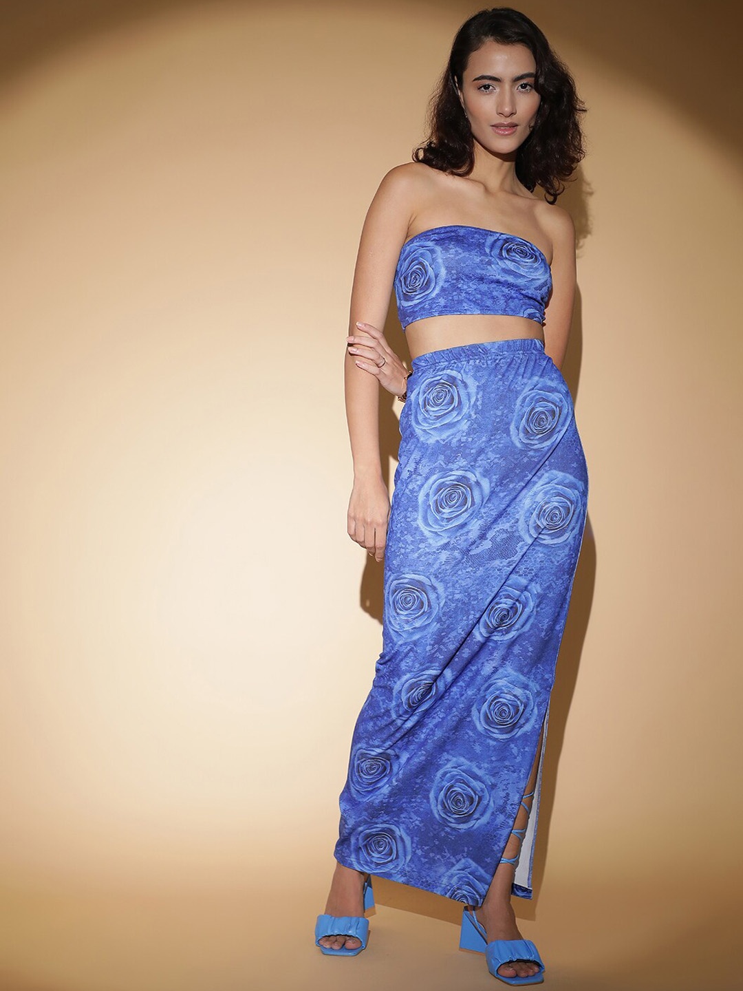 

Stylecast X Kotty Floral Printed Strapless Top With Straight Maxi Skirt, Blue