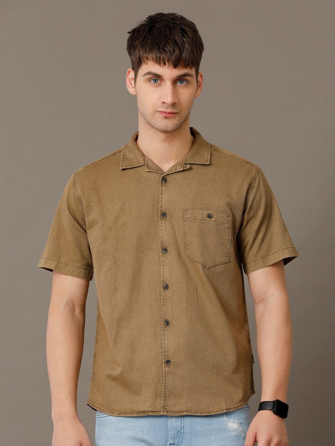 

Voi Jeans Comfort Cuban Collar Short Sleeves Opaque Cotton Casual Shirt, Brown