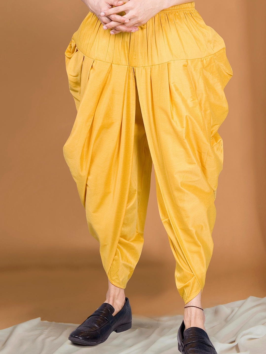 

SHIWAM ETHNIX Men Gathered Or Pleated Silk Dhoti Pants, Yellow