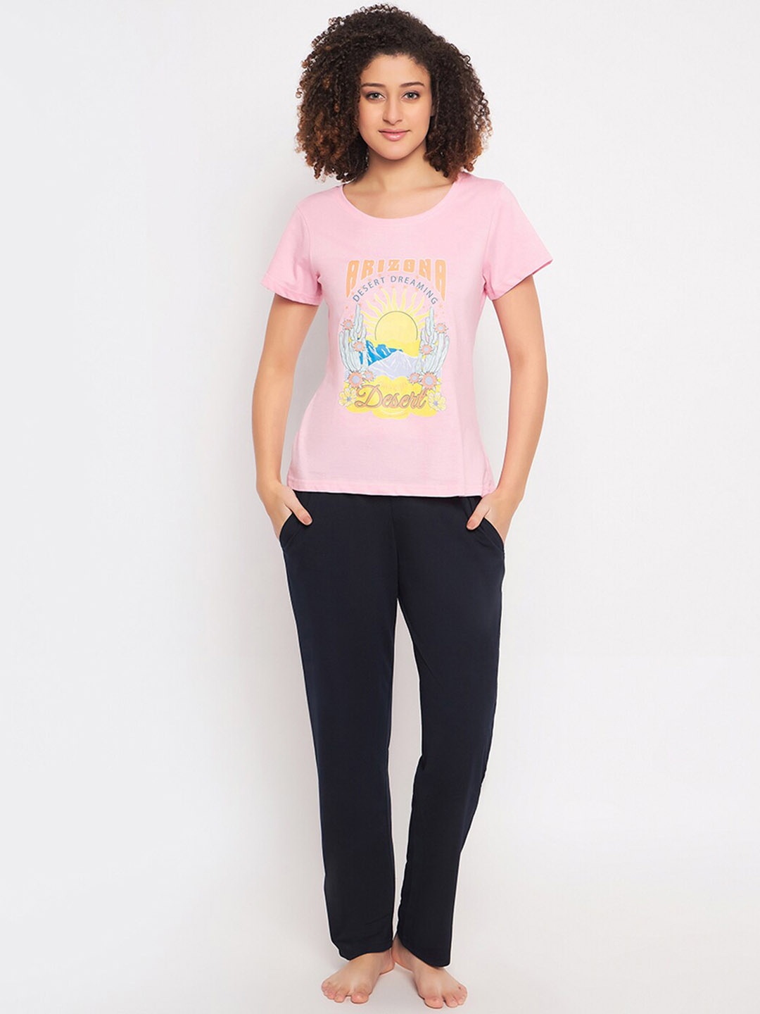 

Clovia Graphic Printed Pure Cotton T-shirt With Pyjamas, Pink
