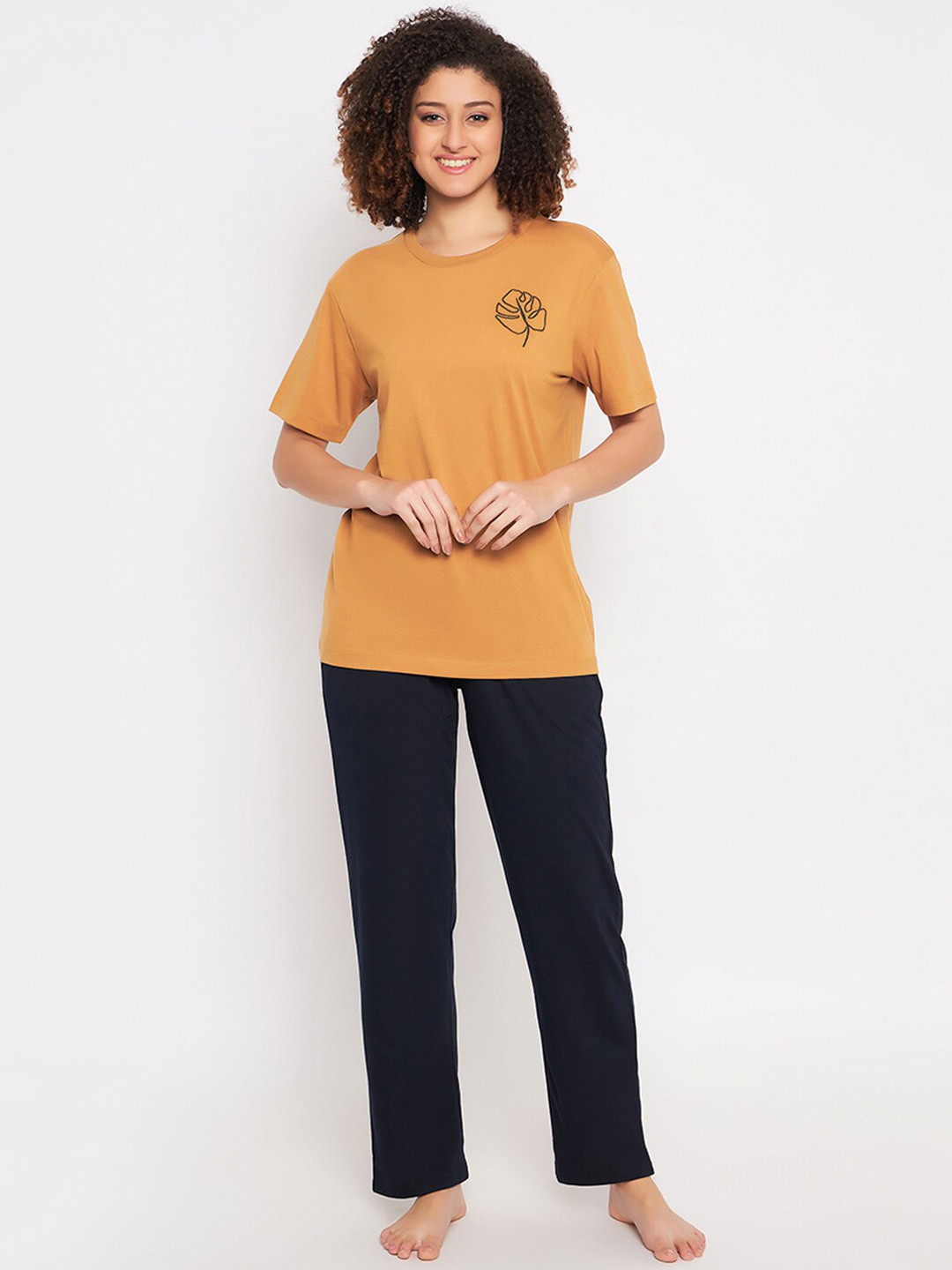 

Clovia Graphic Printed Pure Cotton T-shirt With Trousers, Beige