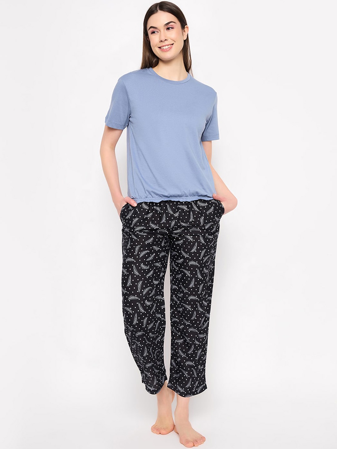 

Clovia Round Neck Pure Cotton T-shirt With Printed Trousers, Blue