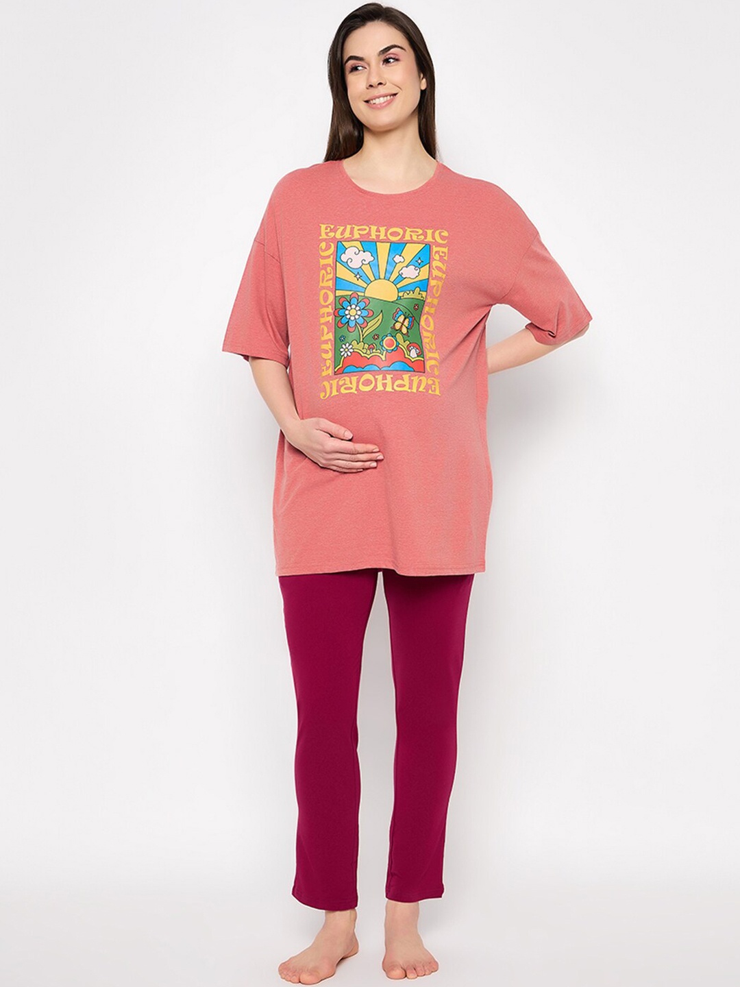 

Clovia Graphic Printed Maternity Oversized Pure Cotton Night suit, Orange