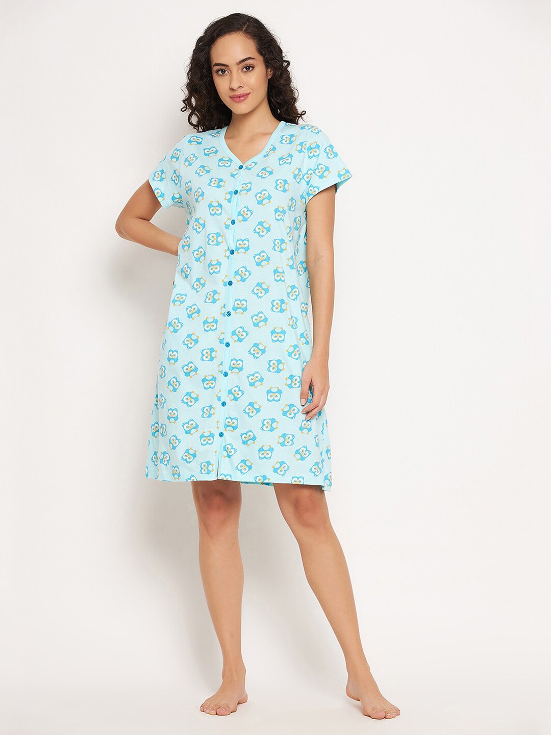

Clovia Blue Conversational Printed Pure Cotton T-shirt Nightdress