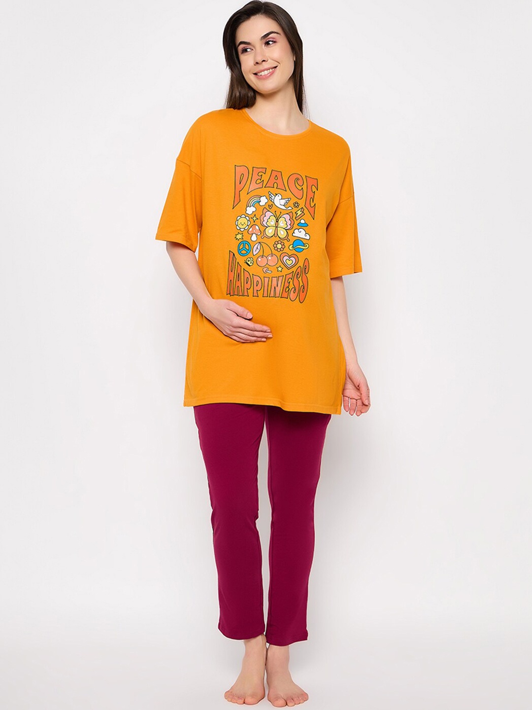 

Clovia Graphic Printed Maternity Oversized Pure Cotton Night suit, Yellow
