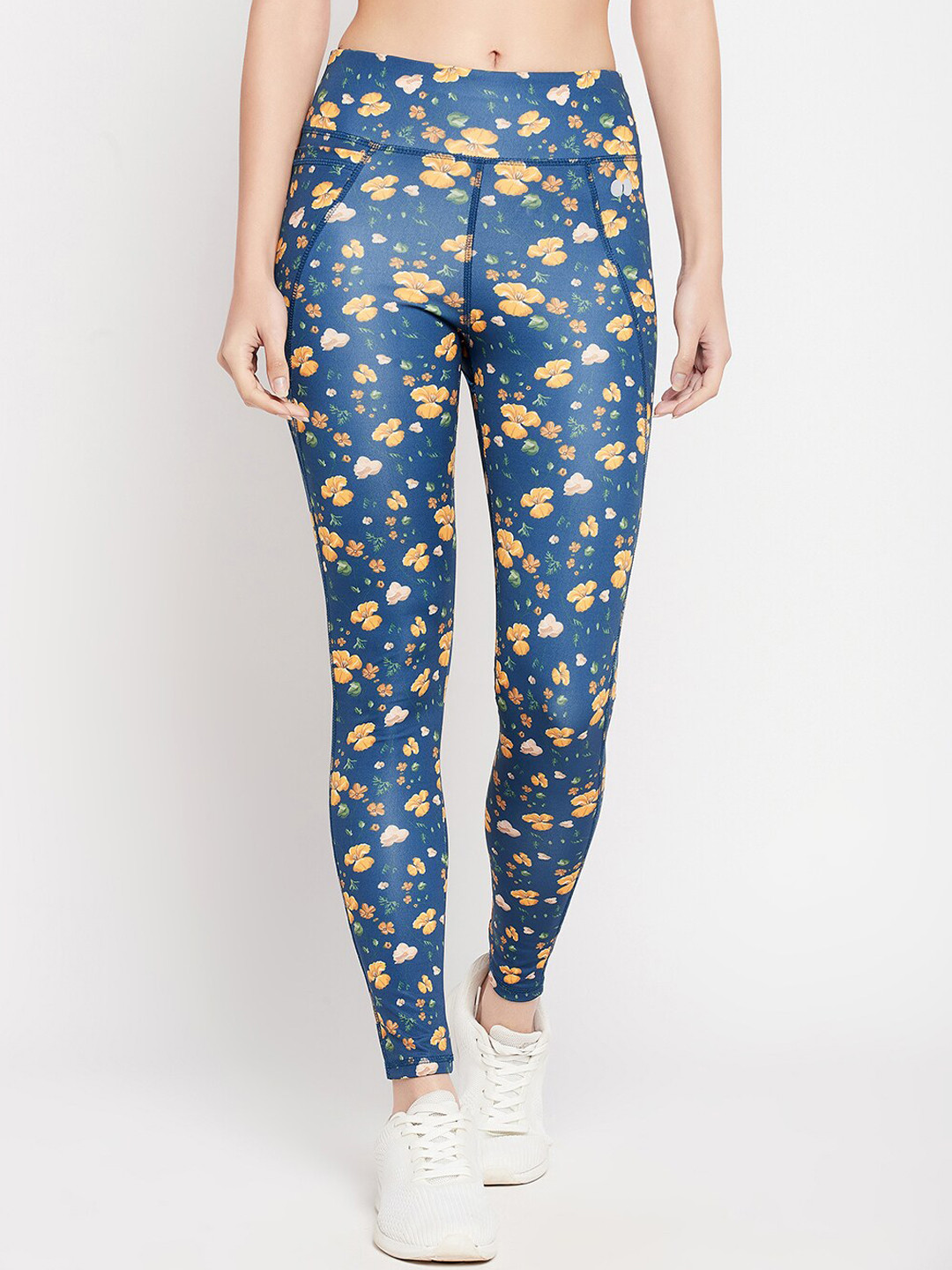 

Clovia Floral Print Slim-Fit Ankle-Length Gym Tights, Blue