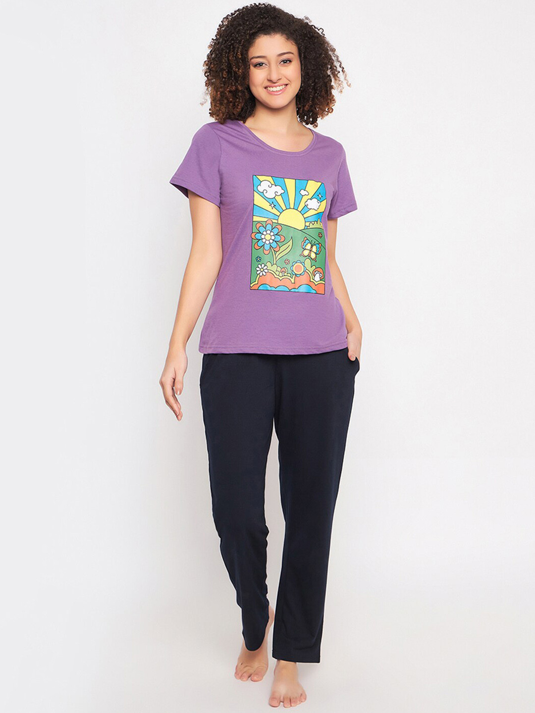 

Clovia Purple Graphic Printed Pure Cotton Night Suit