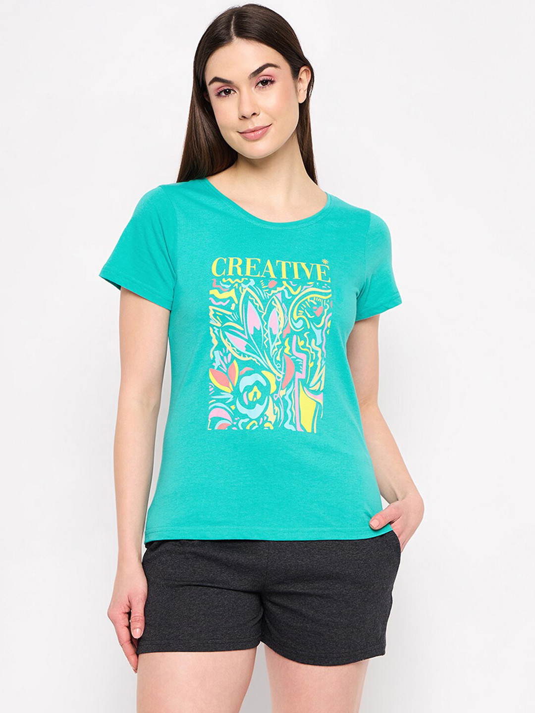 

Clovia Green Graphic Printed Pure Cotton Night Suit