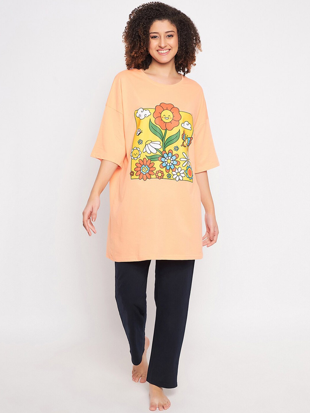 

Clovia Peach Coloured Graphic Printed Pure Cotton Oversized Longline Night Suit
