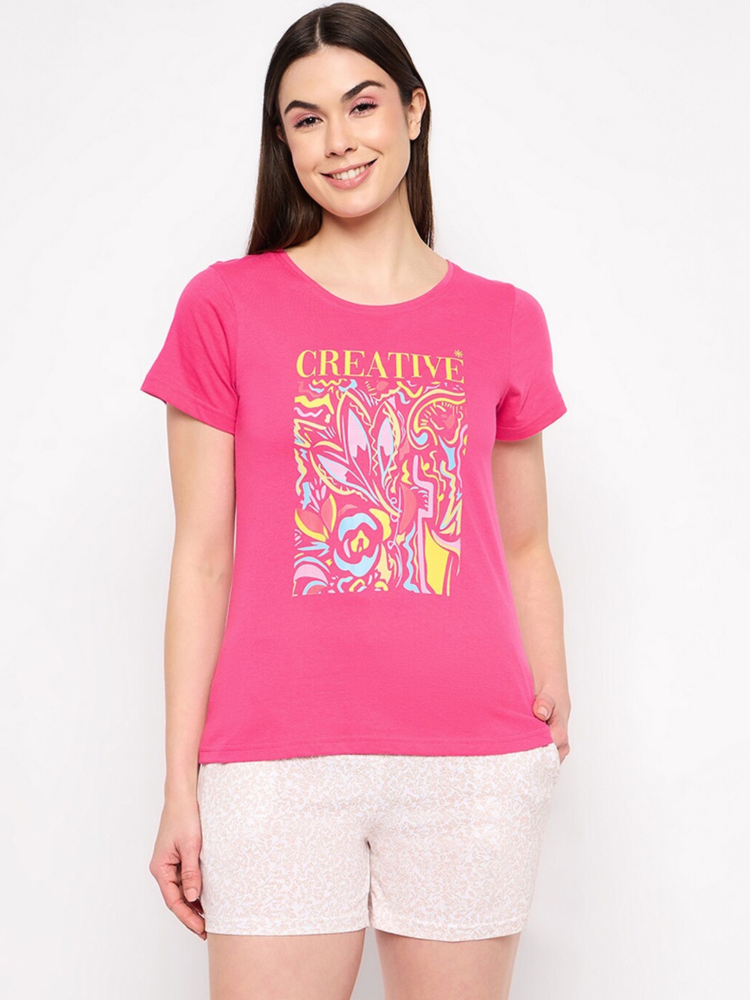 

Clovia Pink Graphic Printed Pure Cotton Night Suit