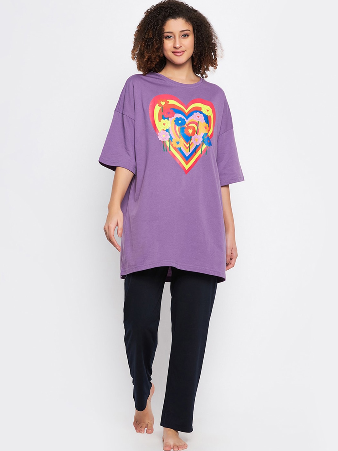Clovia Graphic Print Oversized Pure Cotton T-Shirt & Pyjama, Purple
