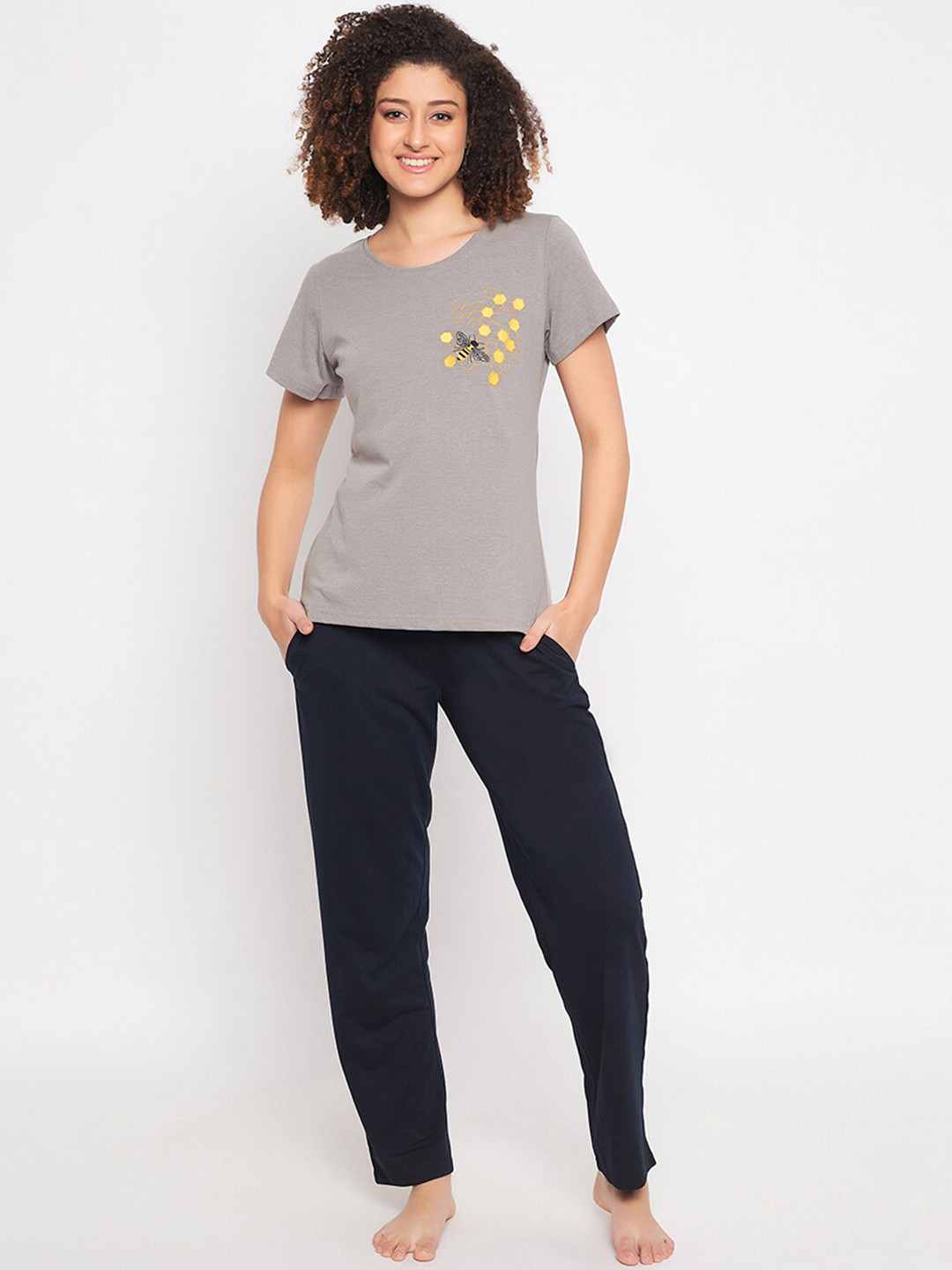

Clovia Graphic Embroidered Pure Cotton Night suit, Grey