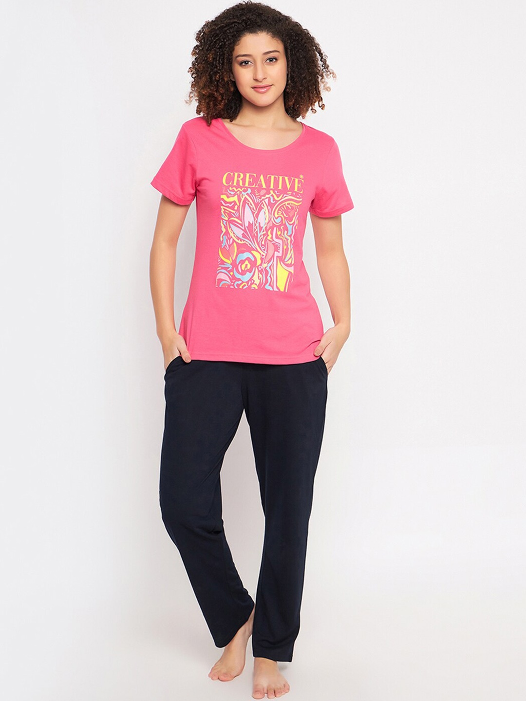 

Clovia Graphic Printed Pure Cotton Night suit, Pink