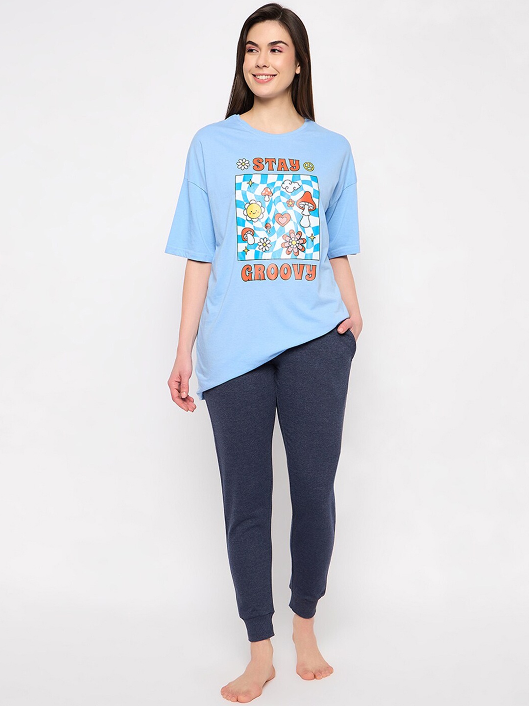 

Clovia Graphic Printed Pure Cotton Oversized T-Shirt & Joggers, Blue