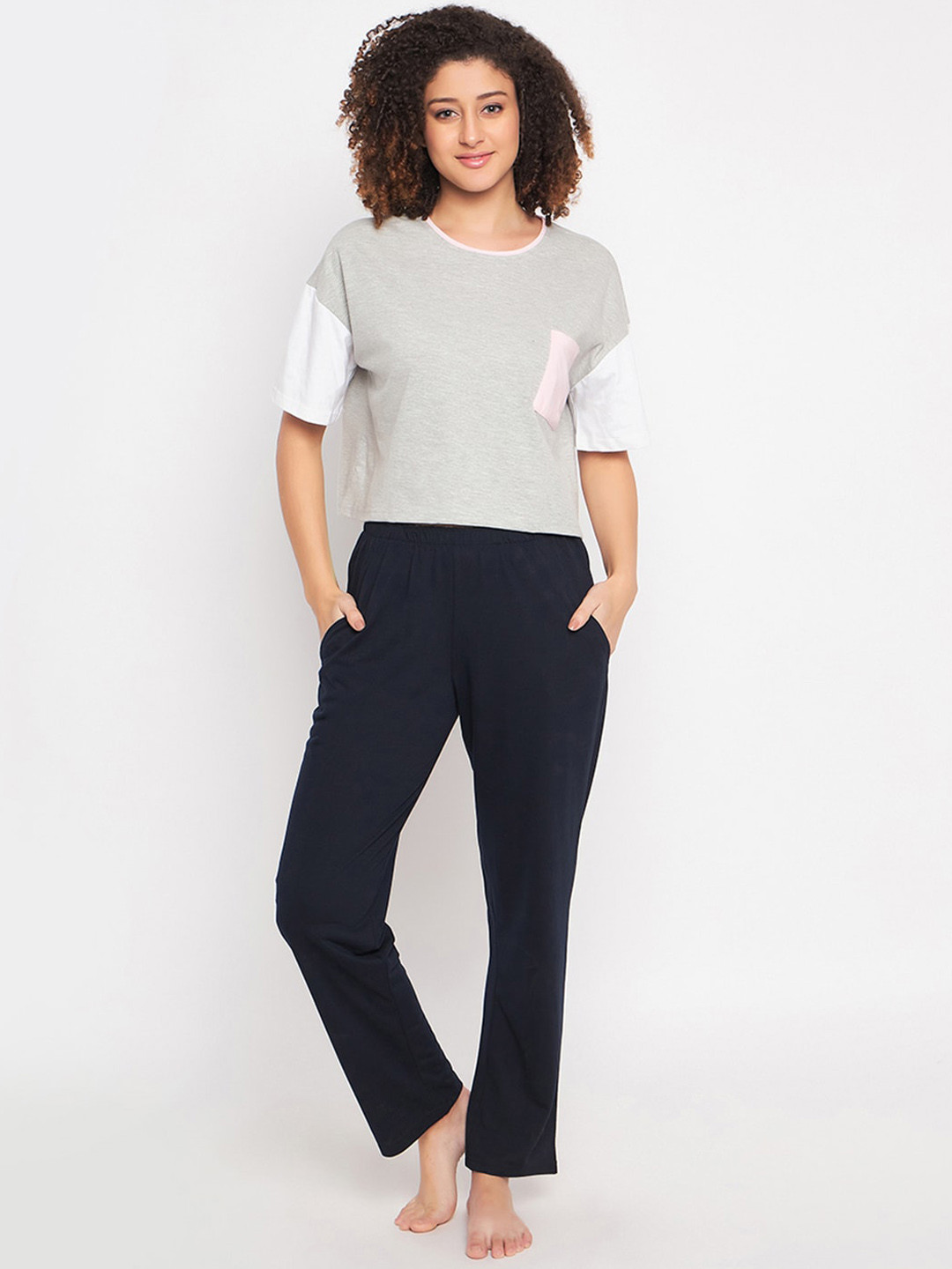 

Clovia Colourblocked Cropped Pure Cotton Night suit, Grey
