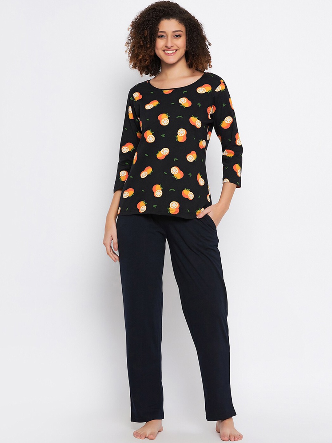

Clovia Navy Blue Conversational Printed Pure Cotton Night Suit