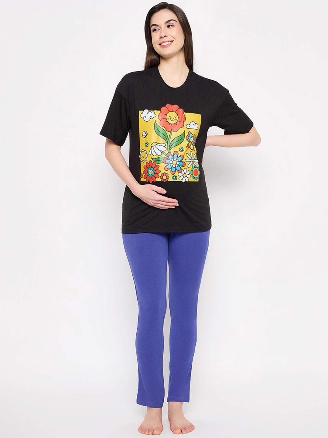 

Clovia Black Graphic Printed Pure Cotton Oversized Maternity Night Suit