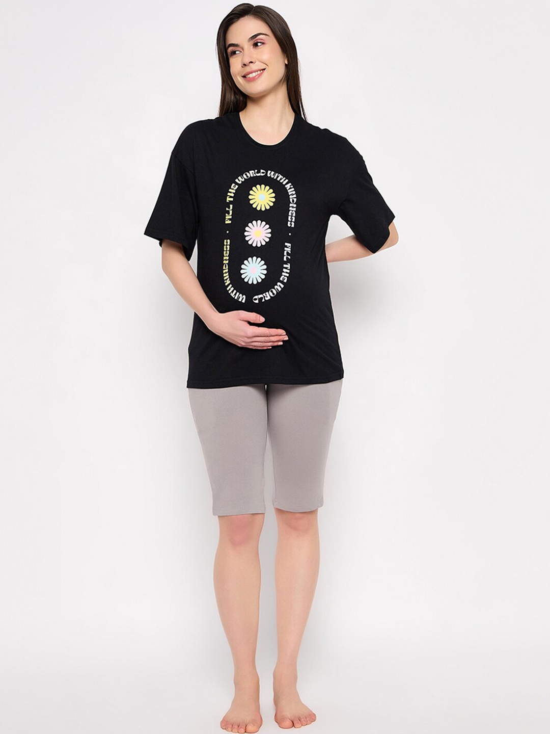 

Clovia Black Graphic Printed Pure Cotton Oversized Maternity Night Suit
