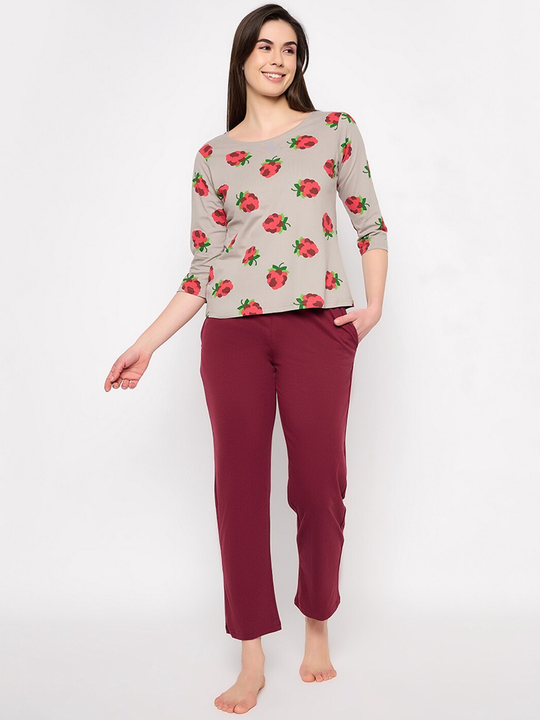 

Clovia Grey Conversational Printed Pure Cotton Night Suit