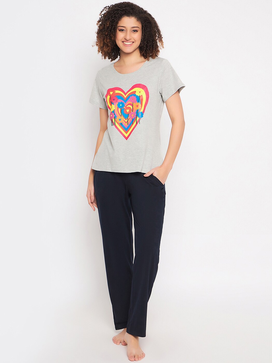 

Clovia Grey Graphic Printed Pure Cotton Night Suit