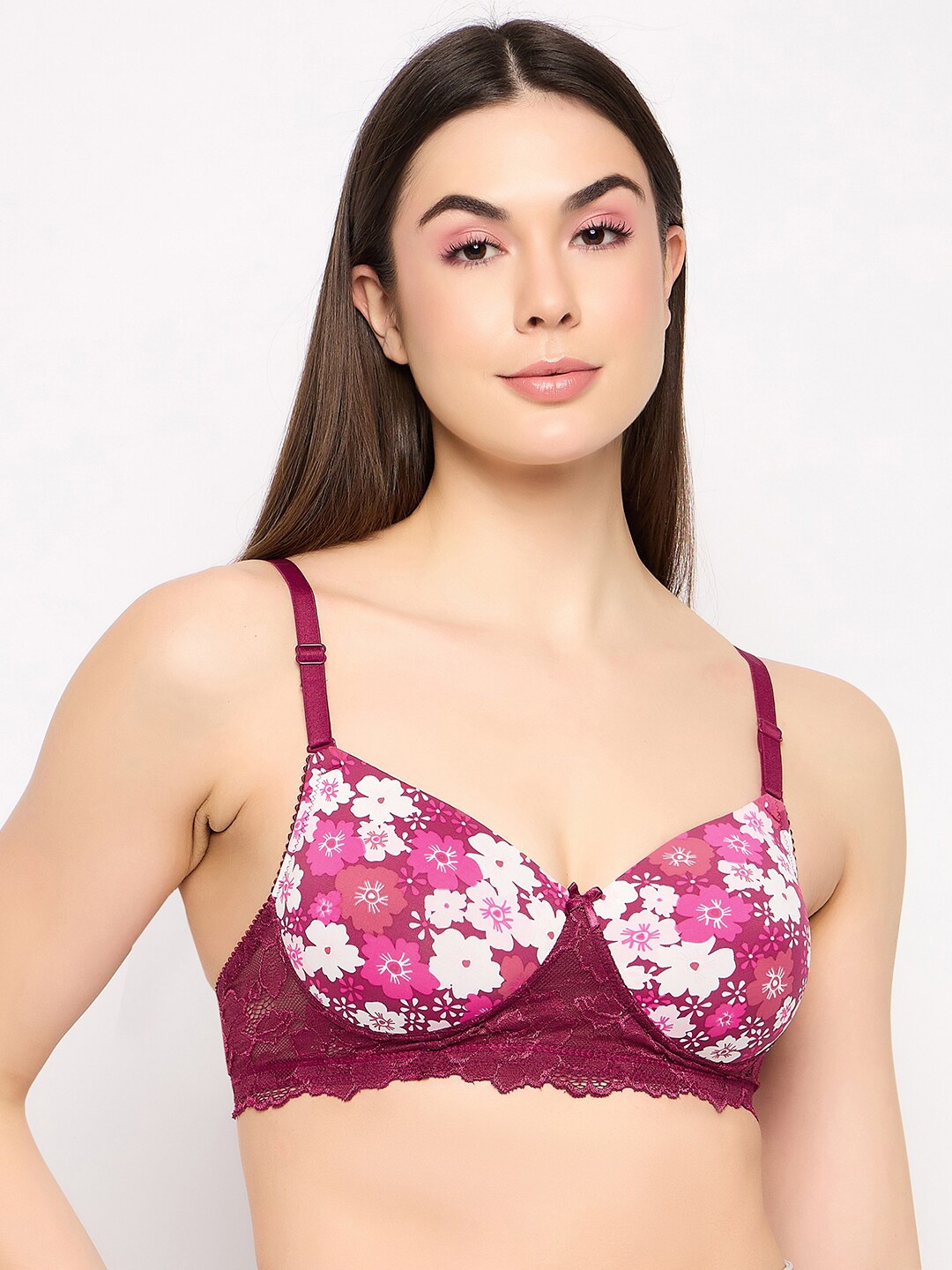 

Clovia Floral Printed Full Coverage Lightly Padded Bra All day Comfort, Maroon