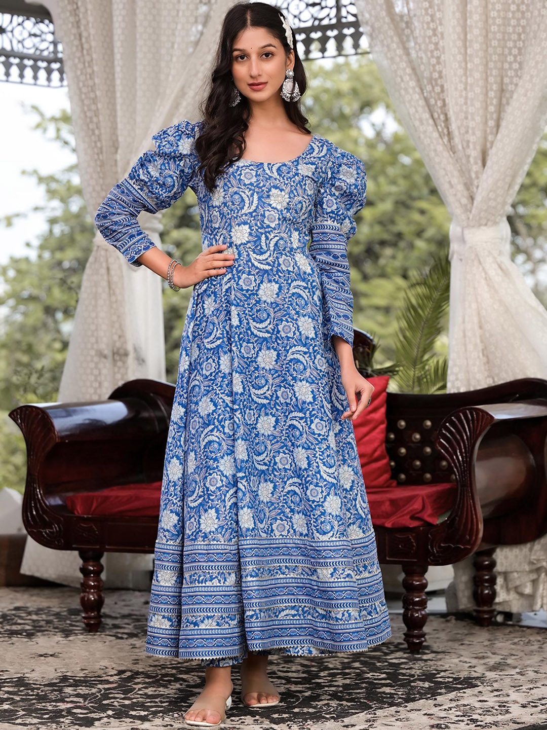 

Divena Floral Printed Puff Sleeves Regular Pure Cotton Anarkali Kurta With Trousers, Blue