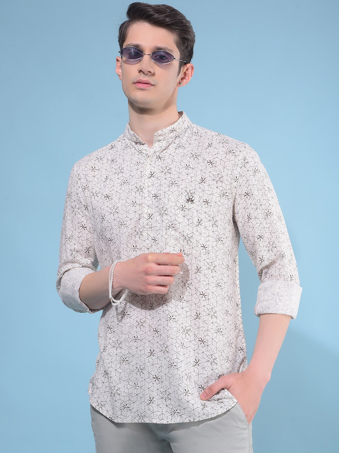 

Crimsoune Club Geometric Printed Band Collar Straight Kurta, Beige