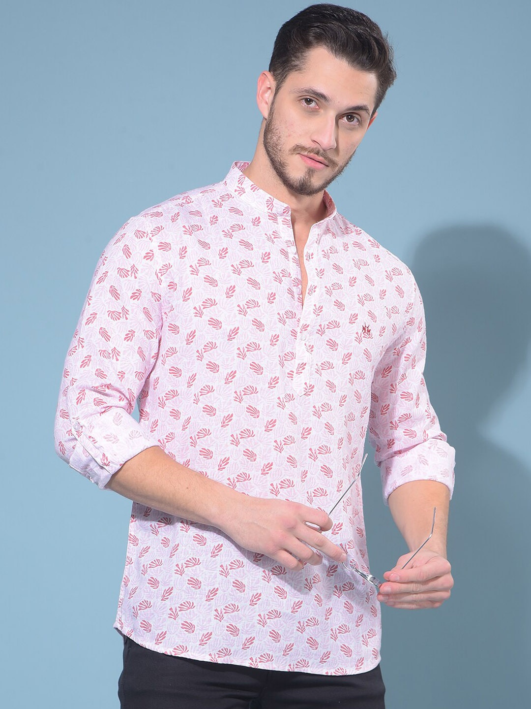 

Crimsoune Club Floral Printed Band Collar Straight Kurta, White