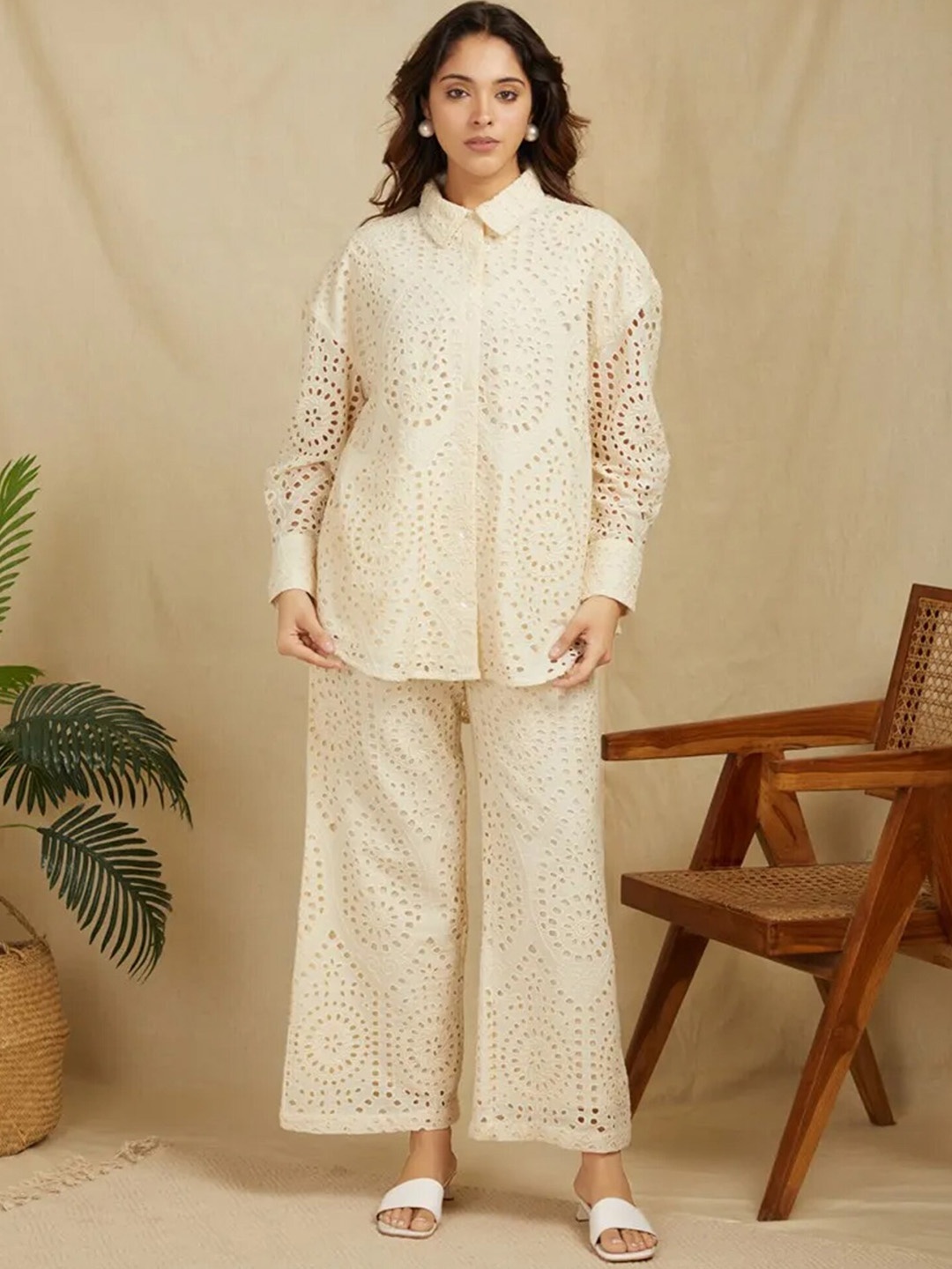 

SANASH Collections Schiffli Embroidered Longline Shirt With Trousers, Beige