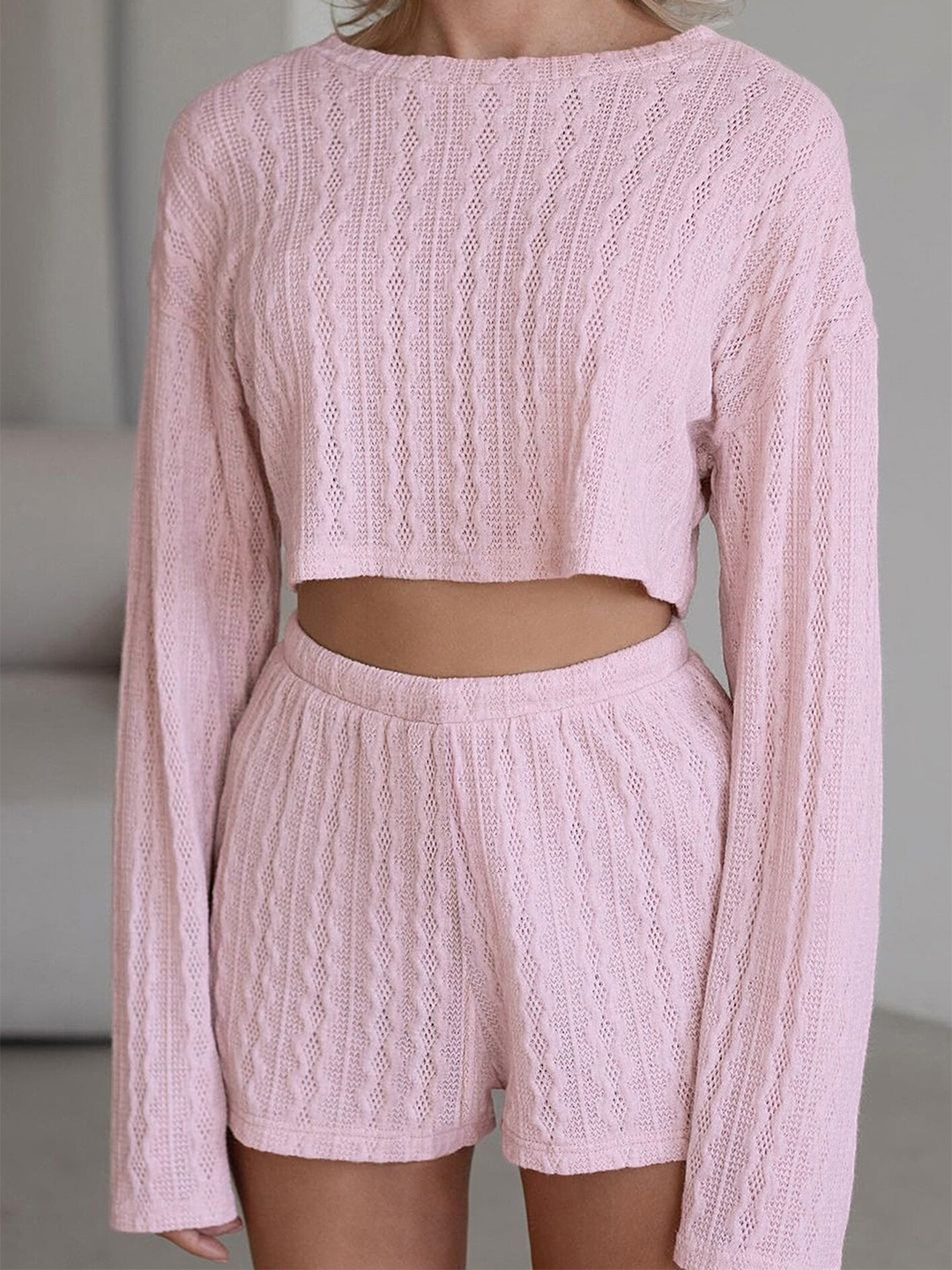 

LULU & SKY Self Design Crop Top & Short, Pink