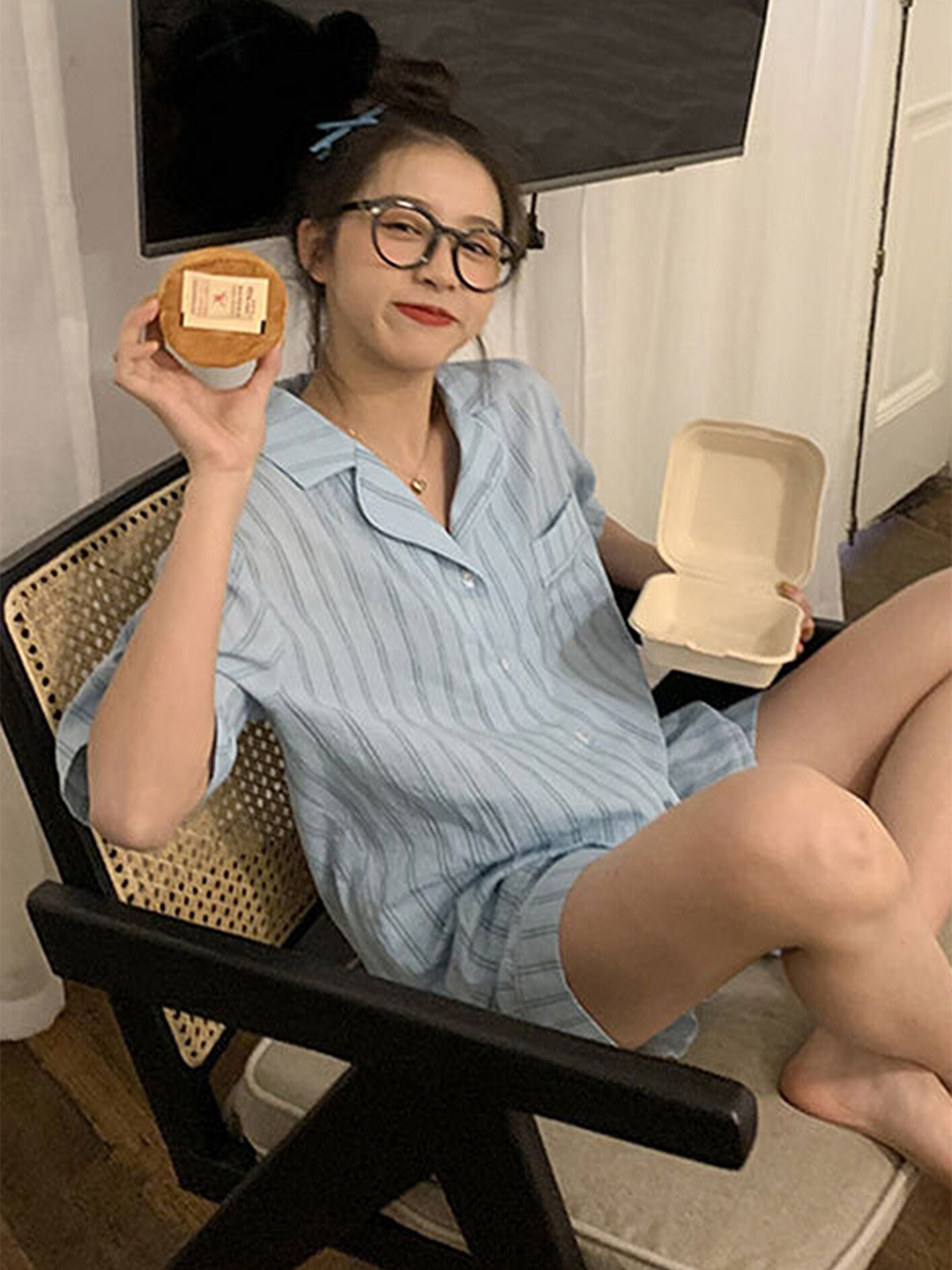 

LULU & SKY Vertical Striped Lapel-Collar Shirt & Shorts Set, Blue