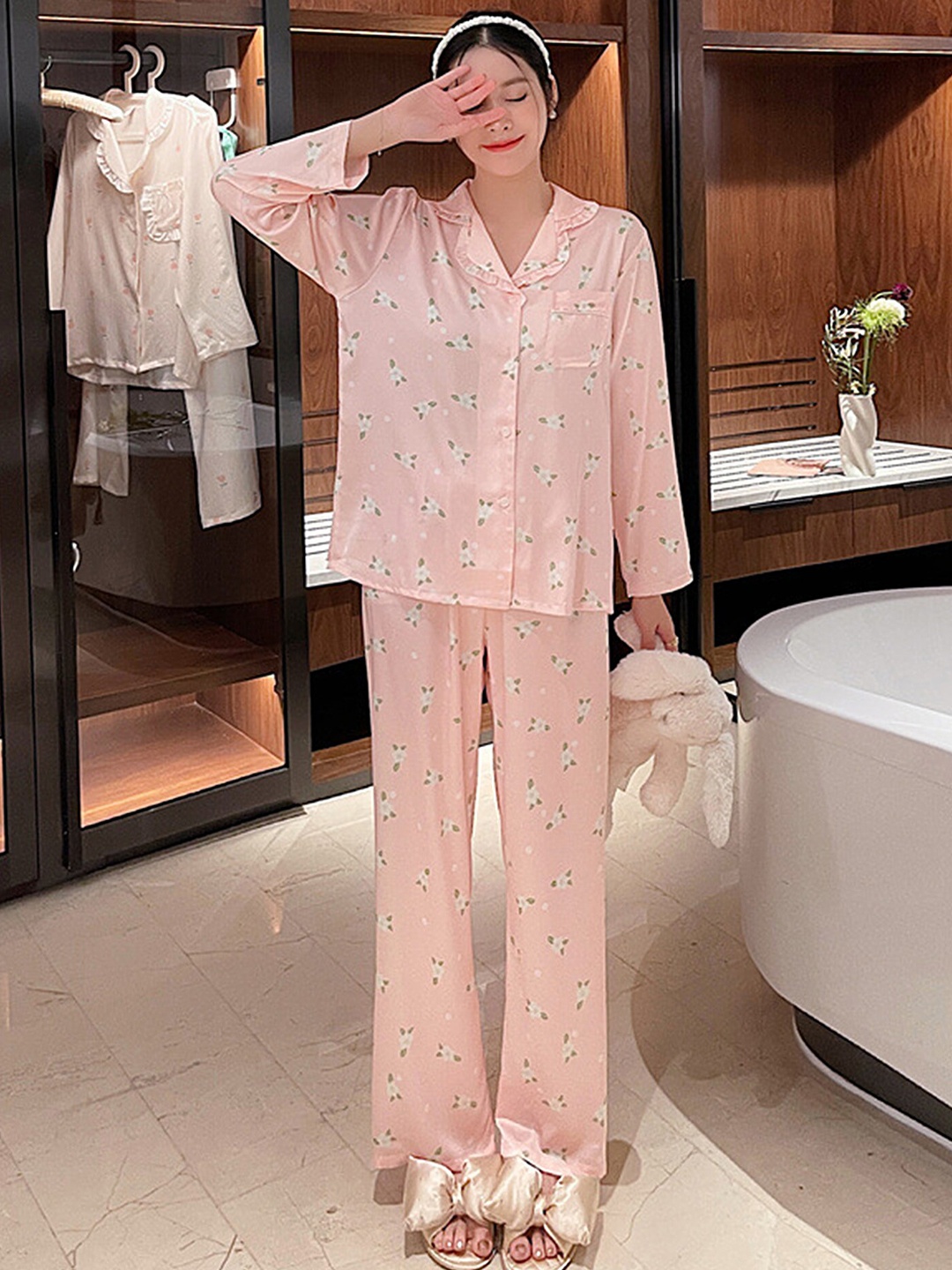 

LULU & SKY Floral Printed Shirt Collar Shirt & Pyjama Set, Pink