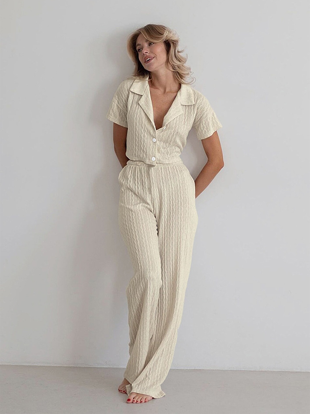 

LULU & SKY Self Design Shirt & Pyjama, Off white